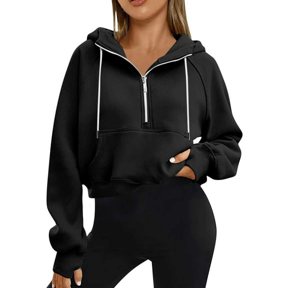 VEKDONE Cropped Hoodies for Women Half Zip Drawstring Hooded Sweatshirt with Thumb Holes Fall Winter Long Sleeve Thin Fleece Pullover Top Solid Color Cute Blouse with Pockets Black L