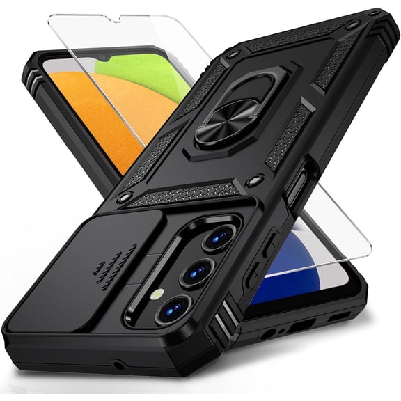 for Samsung Galaxy A03S Case with Slide Camera Lens Cover, HD Screen Protector, Military Grade Drop Protection, Magnetic Rotated Ring Holder Kickstand Phone Case (Black)