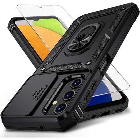 for Samsung Galaxy A03S Case with Slide Camera Lens Cover, HD Screen Protector, Military Grade Drop Protection, Magnetic Rotated Ring Holder Kickstand Phone Case (Black)