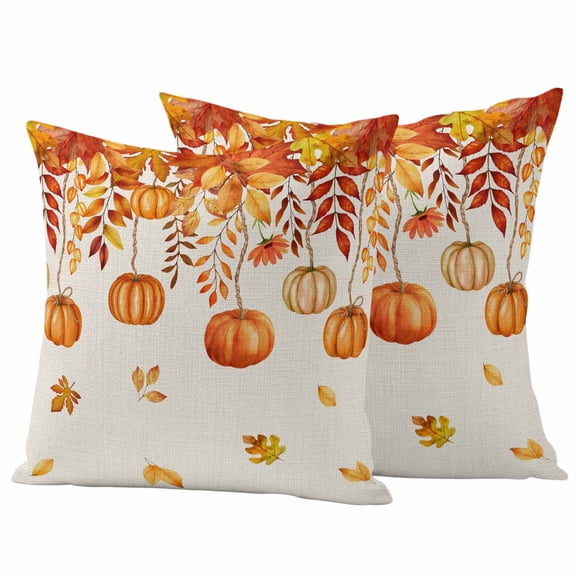 Orange Pumpkins Fall Outdoor Waterproof Pillow Covers, Rustic Thanksgiving Maple Leaf Decorative Square Throw Pillowcase Sofa Cushion Sham for Patio/Couch/Chair, 26"x26" 2 Pack