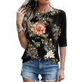 thumbnail image 4 of Domzest Womens Boho Floral Print Tops Elbow Length Loose Fit Lightweight Shirts Half Sleeve Summer Fall Crew Neck Basic Blouse Black M, 4 of 6
