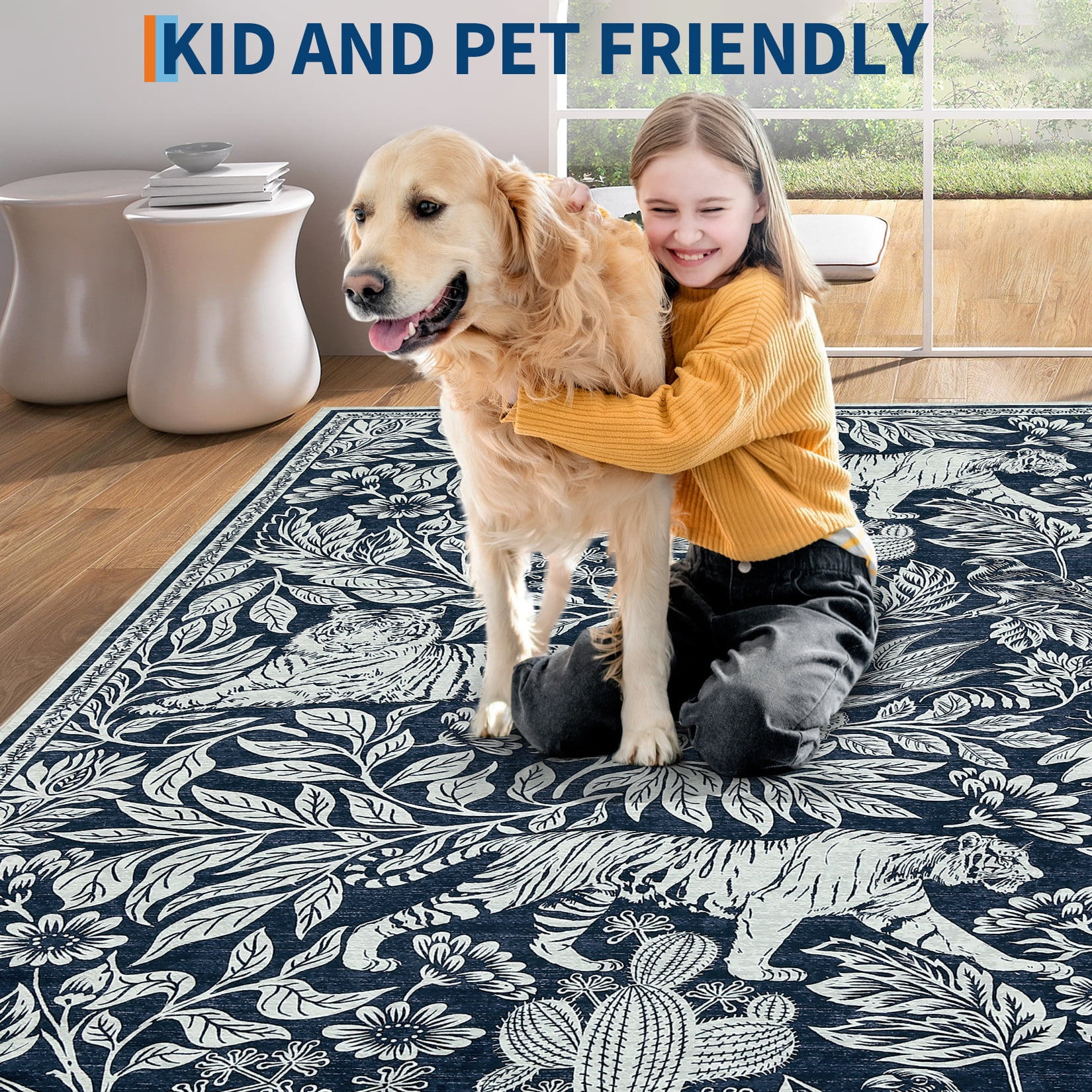 Garvee 8x10 Modern Abstract Print Rugs, Washable Living Room Rug Non Slip Non-Shedding Forest Tiger Floor Rugs Carpet, Soft Stain Resistant Indoor Rug for Dining Room Bedroom, Blue
