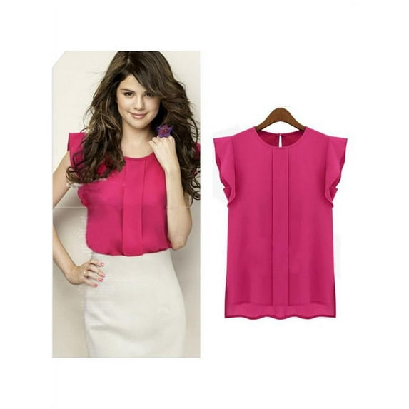 Ame Women Candy Color Chiffon Round Collar Short Ruffle Sleeve Loose Shirt Blouse Tops, S-XL