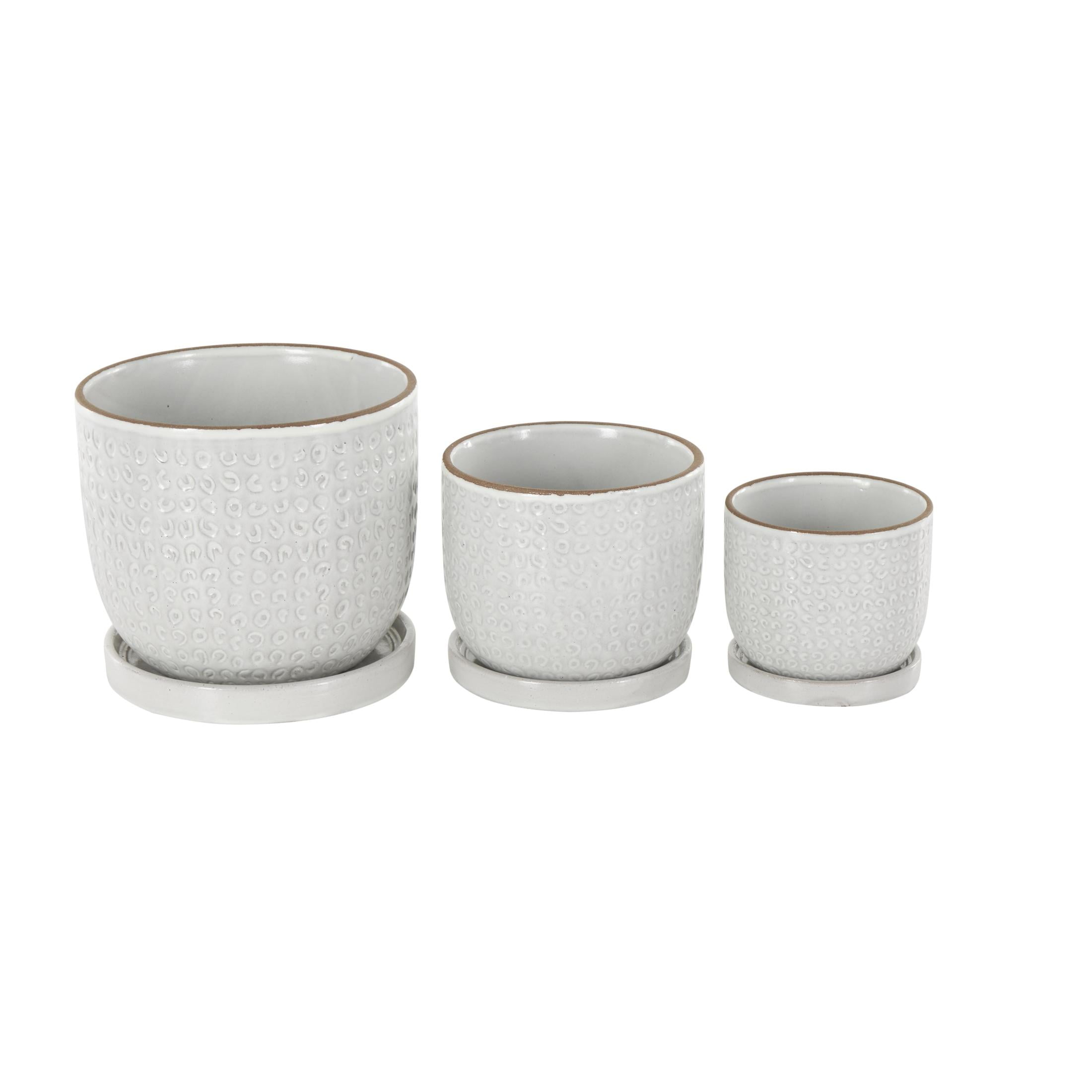 DecMode 7", 5"H Abstract Circle Patterned White Ceramic Planter with Brown Accents and Base Tray (3 Count)