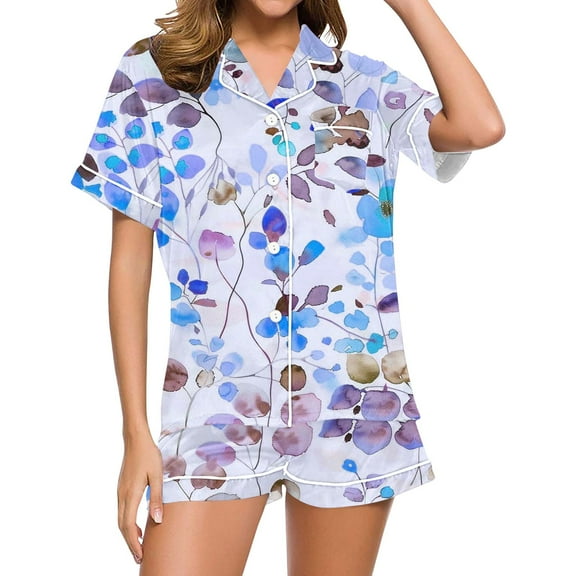 SwiftWear Chic Button up Pajams for Women Set Shirt Elastic Shorts Set with Stylish Floral Print, Soft Fabric Summer 2Piece Pjs Set