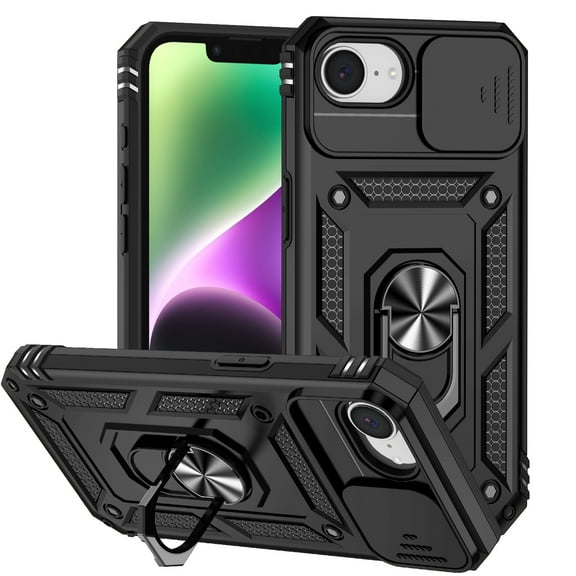 for iPhone 16e Rugged Phone Case with Sliding Camera Cover, Kickstand TPU Bumper Drop Proof Durable Military Grade Protective Case Cover for iPhone 16e, Black