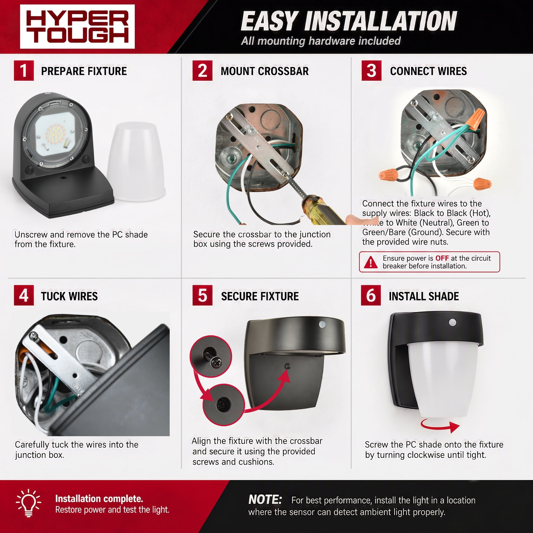 Hyper Tough 6 in Matte Black Integrated LED Outdoor Wall Sconce, Metal Body with Frosted Plastic Lens
