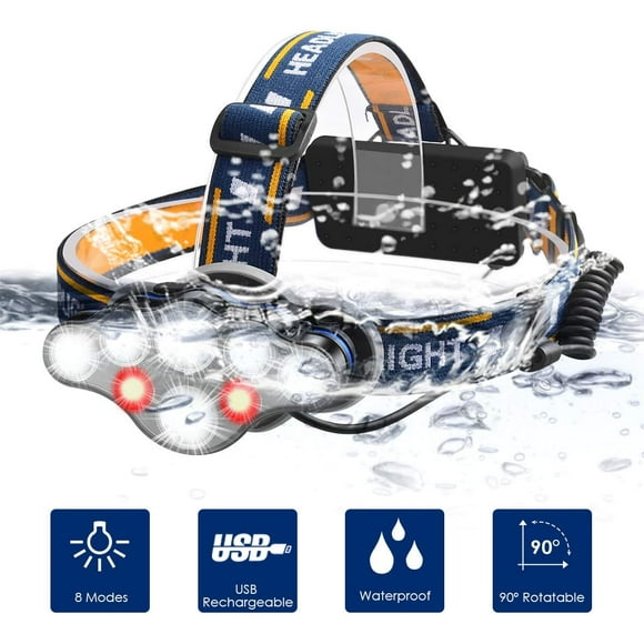 LED Headlamp ， 8 Modes USB Rechargeable Torch Headlamp 12000 Lumin, IPX4 Waterproof, Torch Headlamp for Fishing, Camping, Reading, Hiking, Cycling