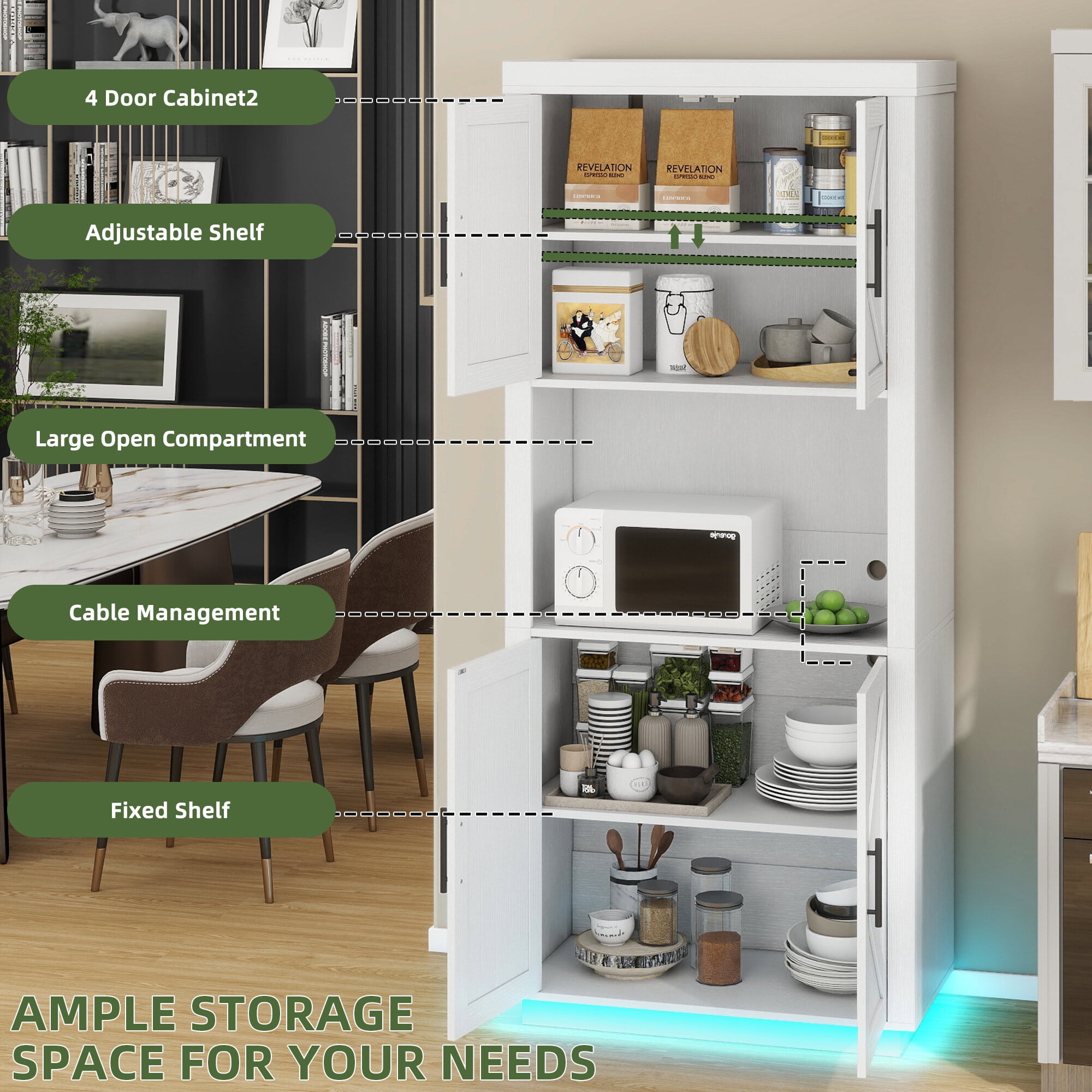 Uforic Kitchen Pantry Cabinet with Power Outlets & LED Lights, Farmhouse Storage Cabinet, White