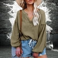 thumbnail image 3 of Mujeres V cuello globo manga camisa suelta casual profundo V cuello solo pecho linterna manga larga algodón camisa pullover top, 3 of 6