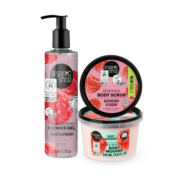 Organic Shop Wild Raspberry & Raw Sugar Sense Boosting Body Scrub +Body Mousse & Shower Gel, 100% Vegan & Organic, Daily Moisturizer & Deep Nourishing Body Cream, Hydrating Skin Toning.