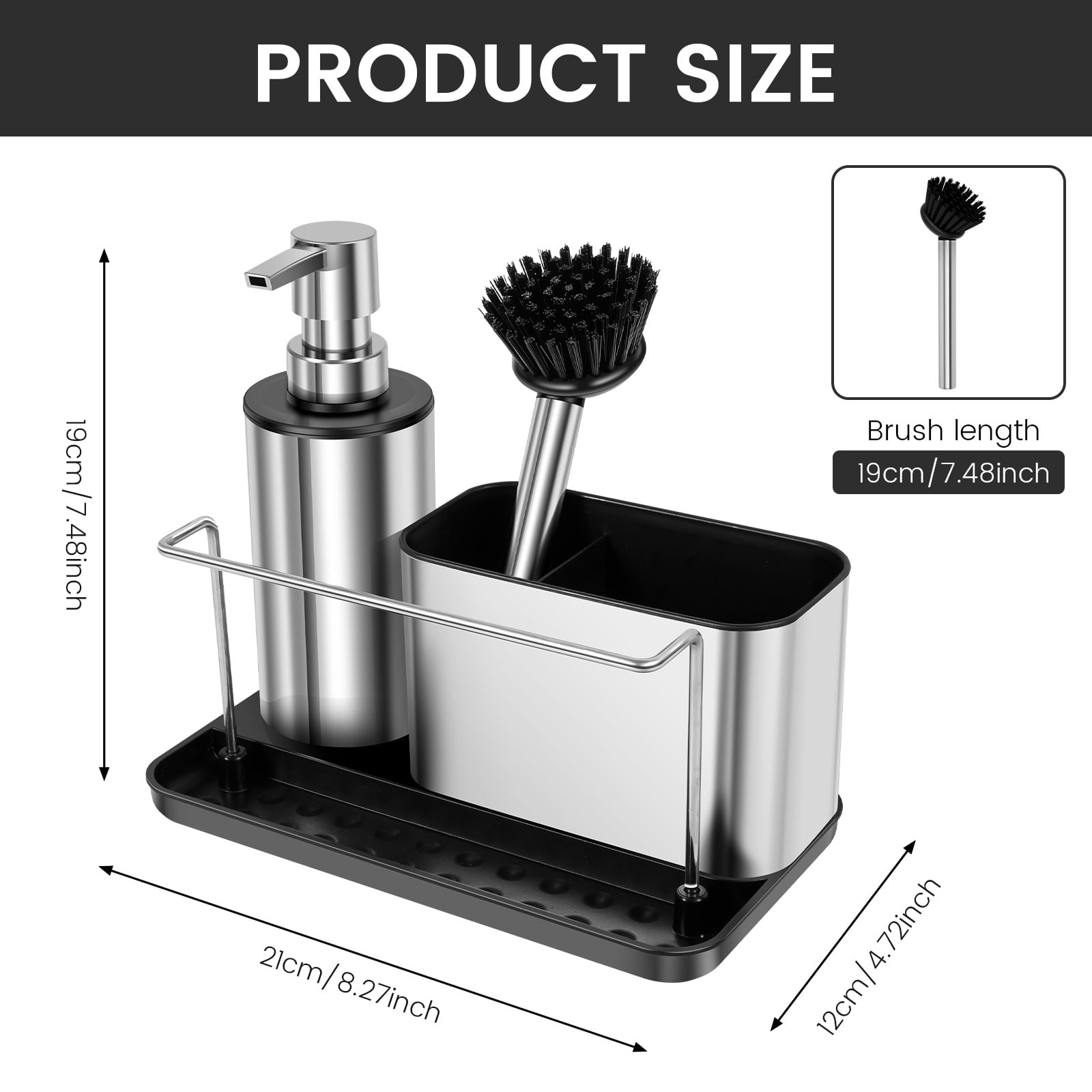 Kitchen Detergent Dispenser Stainless Steel Set with Brush Soap Dispenser and Sponge Holder Divided Storage Design for Galley