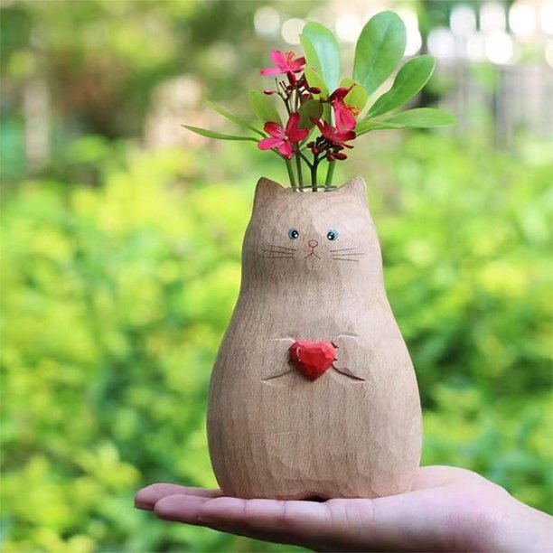 Jarrón De Gato De Madera Hecho A Mano Jarrón de madera hecho a mano con forma de gato, bonito jarrón hecho a mano de madera maciza, regalo para amantes de los gatos, decoración del hogar