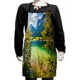 thumbnail image 1 of Landscape Kids Apron, Summer Morning on the Hintersee Lake Salzburg Umgebung Picturesque, Boys Girls Apron Bib with Adjustable Ties for Cooking Baking Painting, Yellow Green and Blue, by Ambesonne, 1 of 2