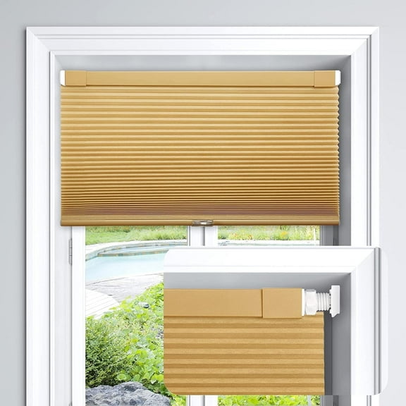 LazBlinds Cordless Cellular Shades, No Tools No Drill Light Filtering Honeycomb Shades Pleated Blinds for Windows, 46'' W x 64'' H, Yellowish-Brown