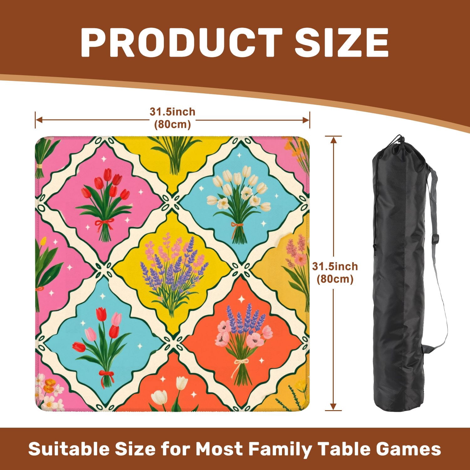 Mahjong Mat 31.5" x 31.5" Floral Colorful Bouquets Geometric Shapes Vibrant Non-Slip Noise Reduction American Mahjong Tiles Table Cover for Dominoes Poker Card Board Games Gift