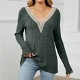 thumbnail image 2 of Lovskoo Sweaters for Women Long Sleeve Winter Casual Solid V-Neck Knitted Strip Loose Sweater Top Green, 2 of 8