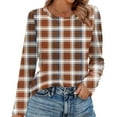 thumbnail image 2 of Nokdvo Womans Sweatshirt Lightweight Plaid Crewneck Pullover Long Sleeve Casual Loose Fit Shirts,Light Brown XL, 2 of 5