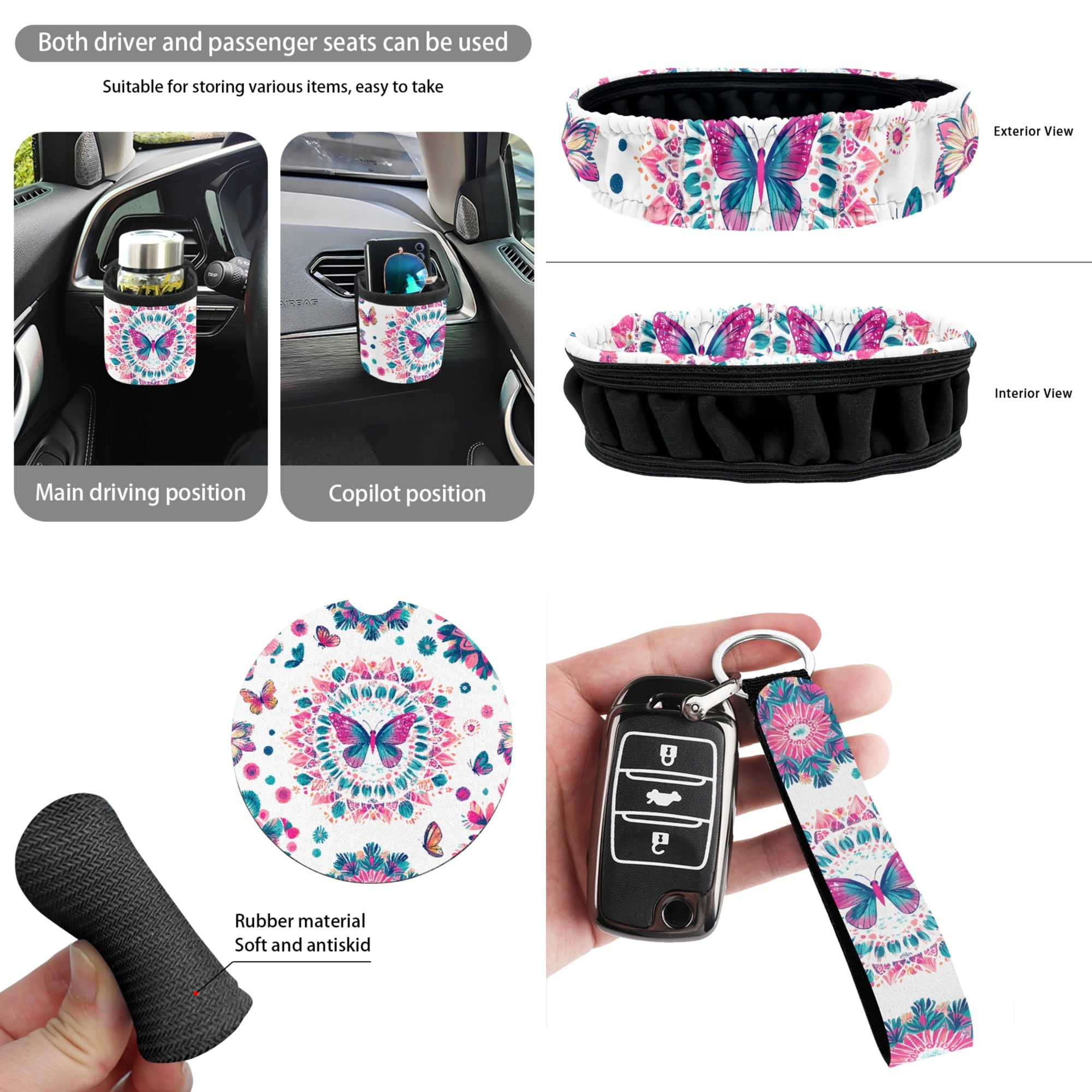 Yuyamidu Butterfly Car Seat Cover Full Set of 15 Flower Steering Wheel Cover Seat Belt Strap Cover Trash Can Rear View Mirror Cover Auto Coaster Wristlet Keychain Air Vent Storage Bag Car Decor