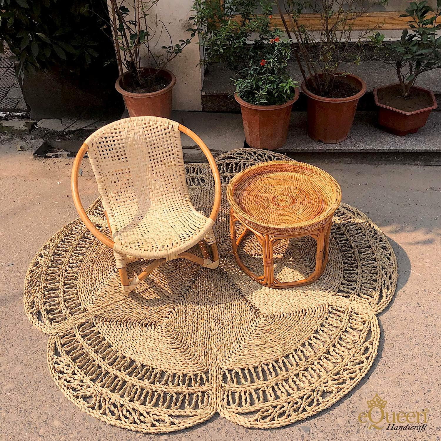 Boho Large Area Rug 4 ft Round Seagrass Handwoven Natural Fiber Rug for Living Room Bedroom Kitchen Soft Woven Rug Home Decor