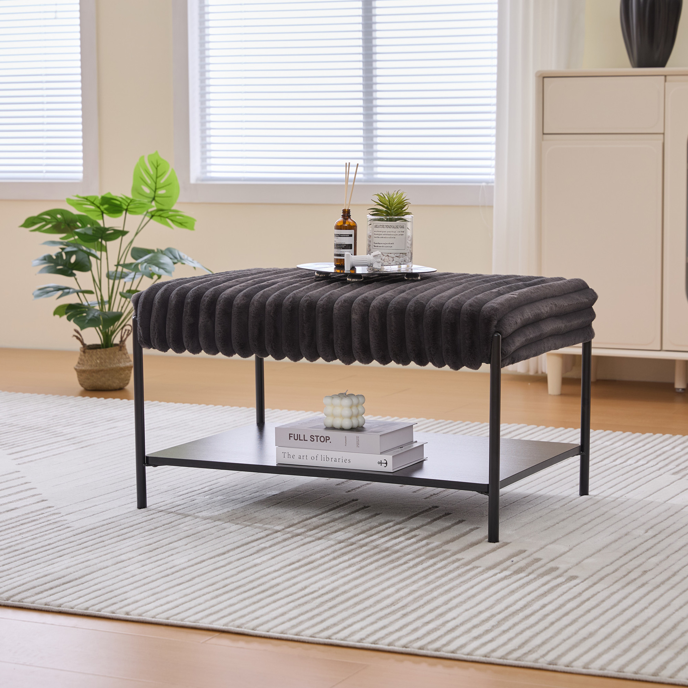 Noble House Belden 30.7" Faux Fur Ottoman Coffee Table, Foot Rest with Black Metal Legs & Open Storage Shelf, Charcoal
