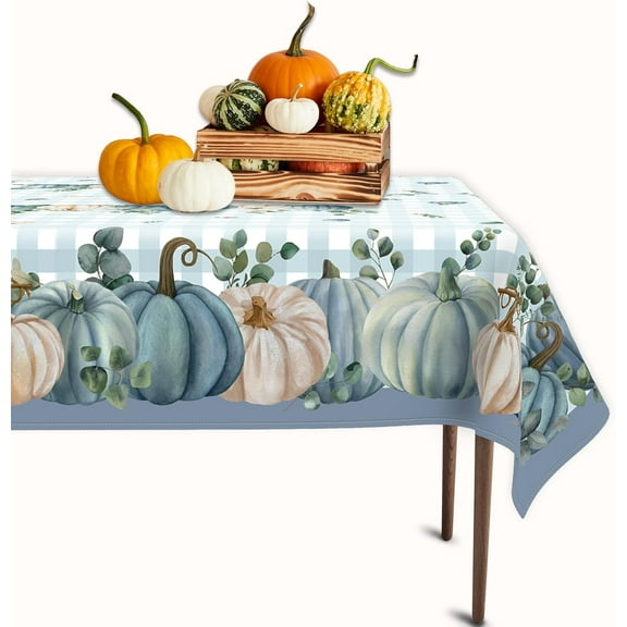 Fall Blue Pumpkin Polyester Tablecloth Rectangular 60x84 Inch, Thanksgiving Autumn Buffalo Plaid Washable Table Cloth Picnic Party Table Cover for Kitchen Dinning Room Decor
