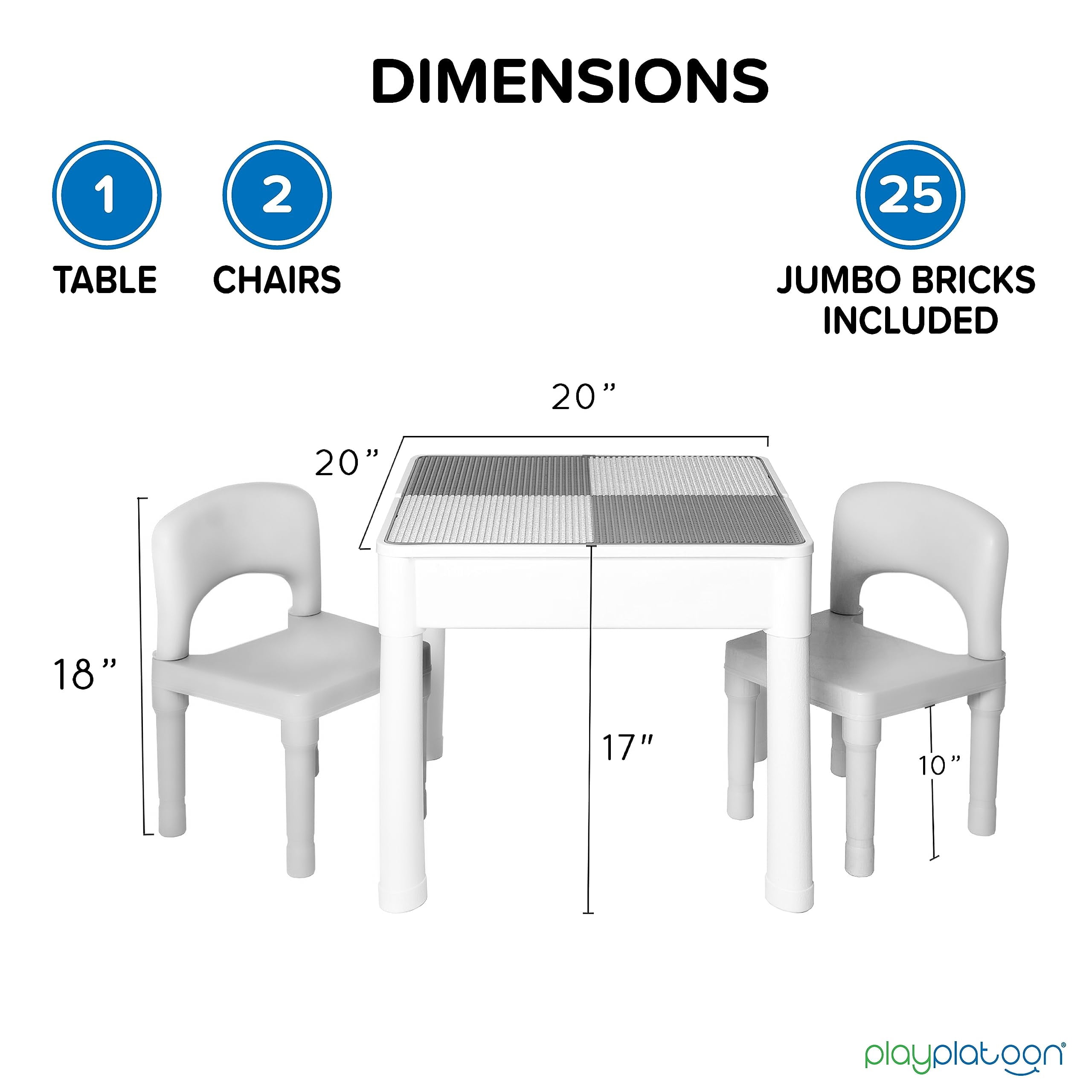 Play Platoon 5 in 1 Kids Activity Table and Chair Set - Stem Table for Toddlers with Building Block, Craft & Sensory Tables for Toddlers with 2 Chairs & 25 XL Blocks - Neutral Gray