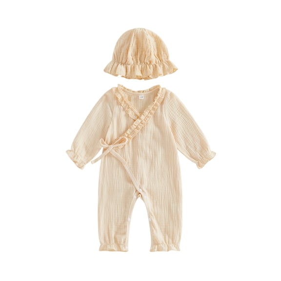 RUINIXCW Newborn Baby Girl Hospital Going Home Outfit Baby Girls Spring Fall Clothes Ruffle Trim Long Sleeve Wrapped Tie Romper Jumpsuit and Hat Set