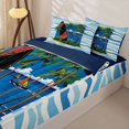 thumbnail image 3 of Castle Fairy Cartoon Tropical Surf Board Zipper Queen Comforter Set with Fitted Sheet and 2 Pillowcases,Palm Boat Wave Striped Background Zipper Bedding Set,Blue Sand,Navy Blue Reversible,4 Pieces, 3 of 6