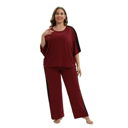 

Xmarks Women s Short Sleeve Sleepwear with Long Pants Soft Loungewear Pj Set Red 4XL