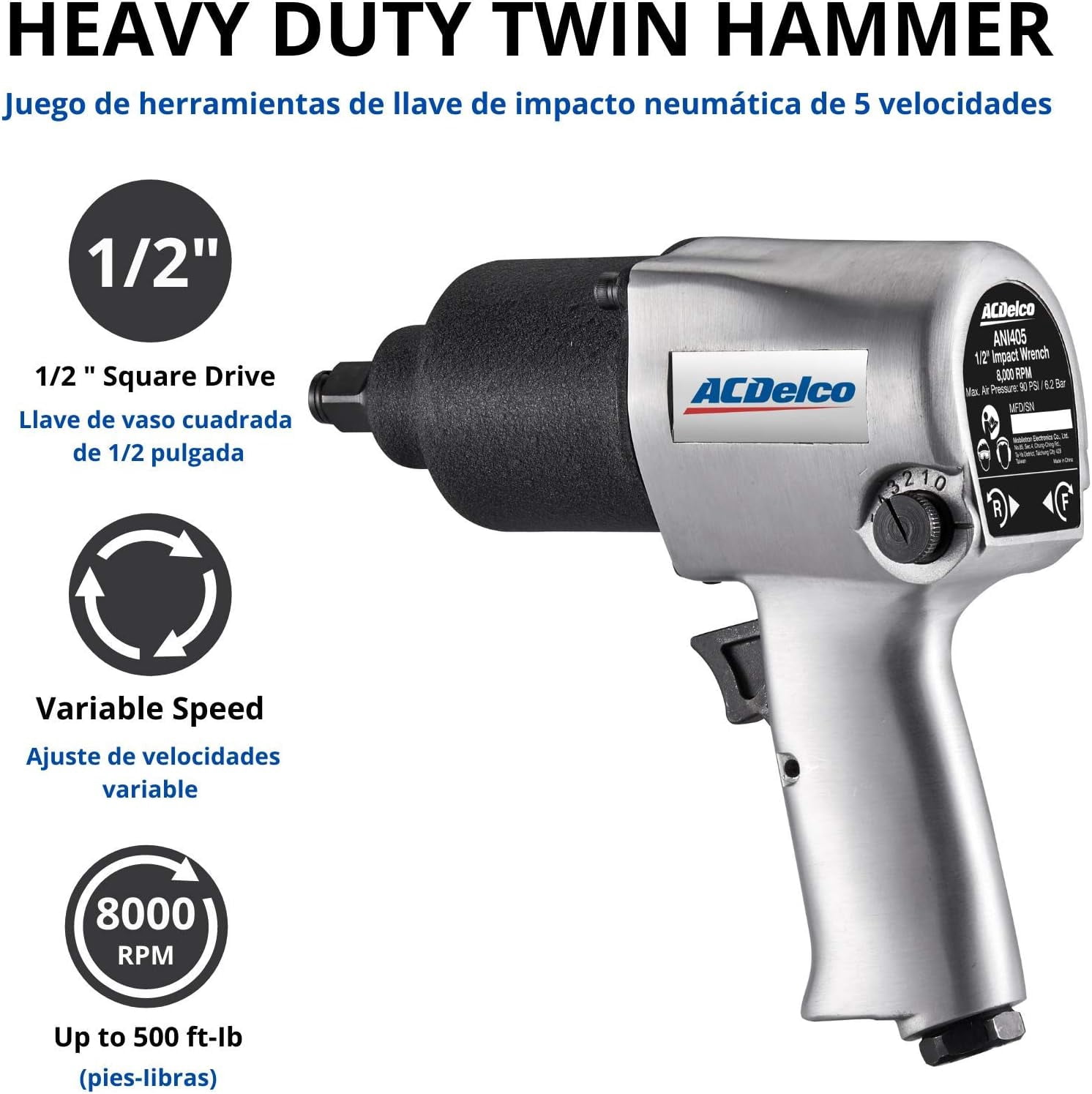 ACDelco ANI405A Heavy Duty Twin Hammer 1/2” 500 ft-lbs. 5-Speed Pneumatic Impact Wrench Tool Kit
