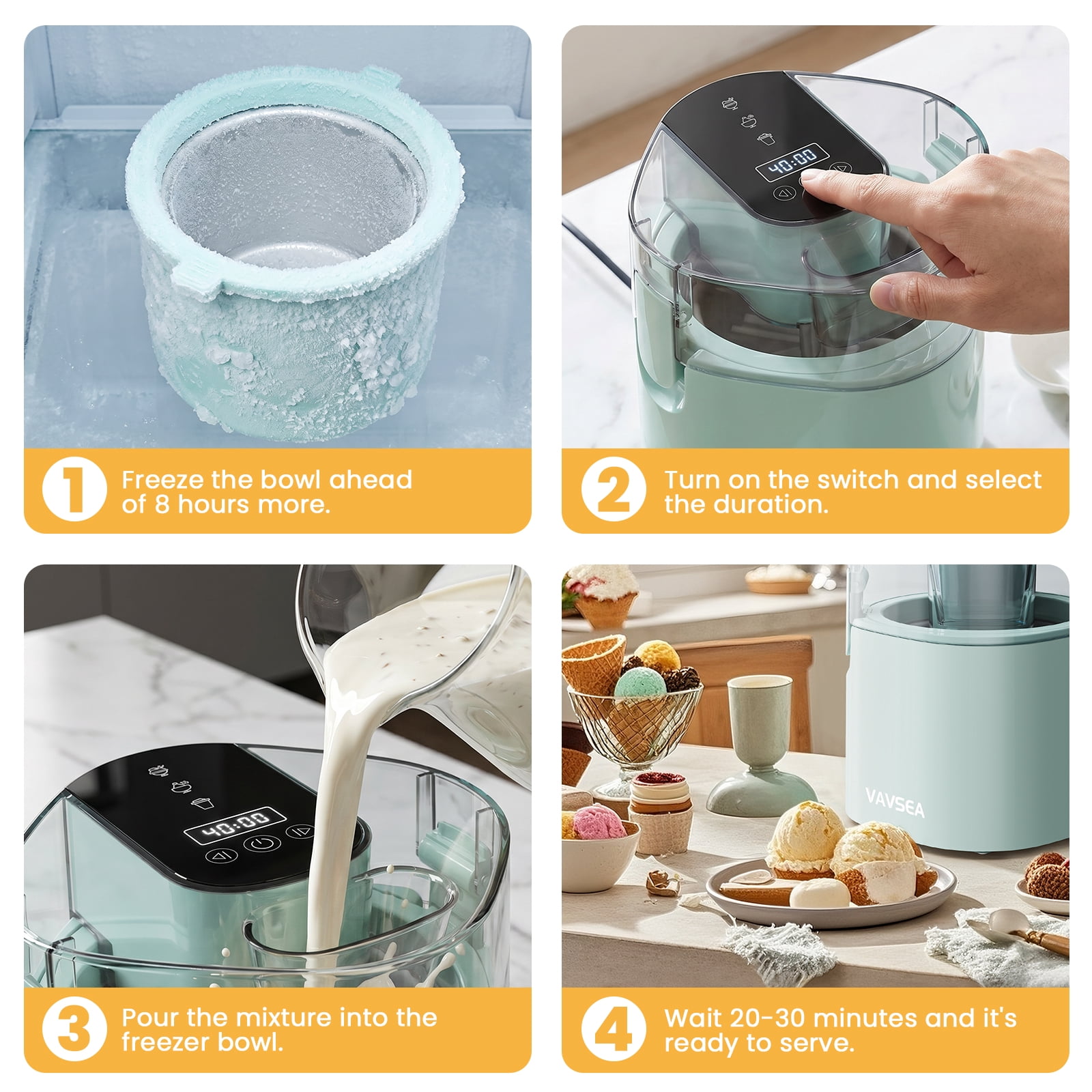 VAVSEA 1.6 Qt Ice Cream Maker, Easy Make Ice Cream Machine, Make Homemade Ice Cream, Gelato, Sorbet, Frozen Yogurt, Automatic No Salt/Ice Needed, Digital Controls, Healthy Recipe Guide