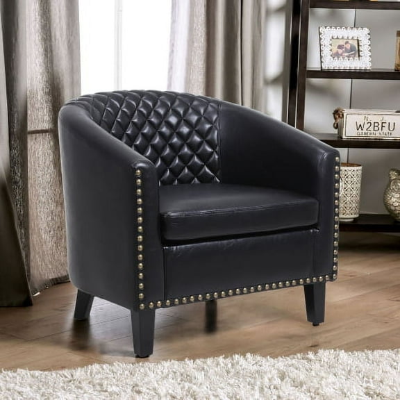 Villeston PU Leather Barrel Club Chair with Nailheads Armchair for Living Room, Bedroom, Waiting Room - Black