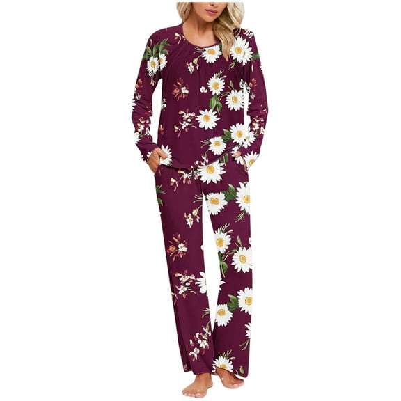 Censtreet Women's Fashionable Printed Home Wear Suit,Round Neck Long Sleeved Shirt Pants with Pockets Pajamas Set