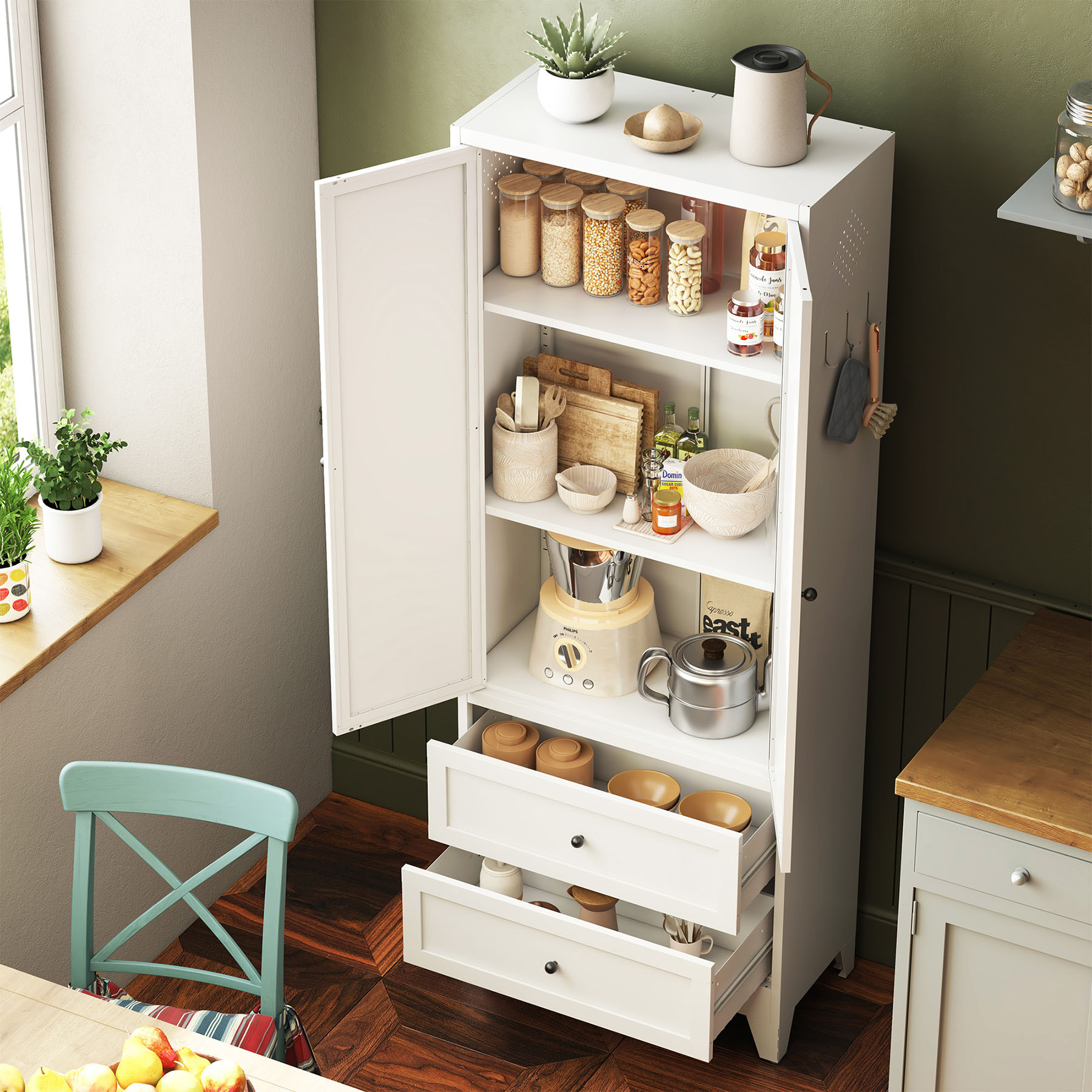 S-HOME Heavy-Duty 72 Inch White Pantry Cabinet with 2 Drawers, Freestanding Kitchen Organizer with Adjustable Shelves and Spice Storage