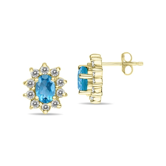 SZUL Women's Oval Shape Blue Topaz and Diamond Flower Earrings in 14K Yellow Gold