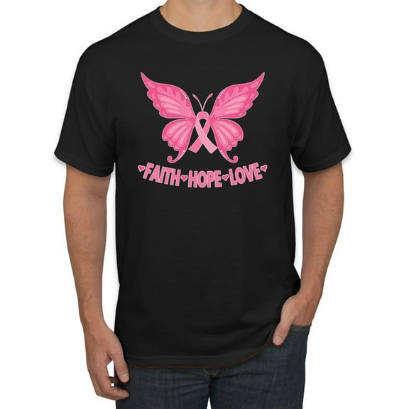 Wild Bobby, Butterfly Pink Ribbon Faith Hope Love, Breast Cancer Awareness, Men Graphic Tee, Black, Small