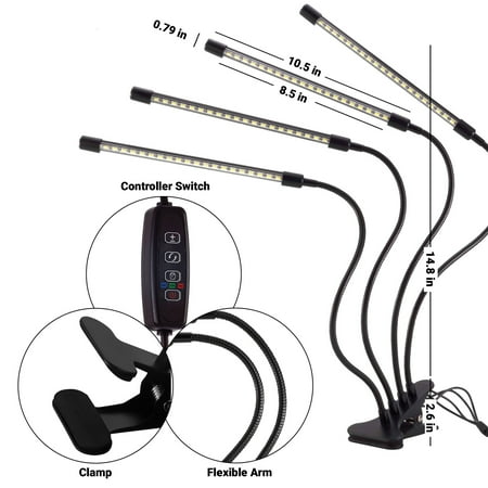 Great Value 4-Head Flexible LED Clamp Grow Light, 20W Selectable Spectrum
