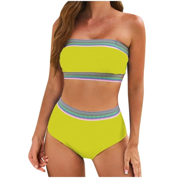 Women's Tube Top Bikini Set 2 Piece High Waisted Swimwear Color Block Bathing Suit Stretch Exotic Two Piece Swimsuit