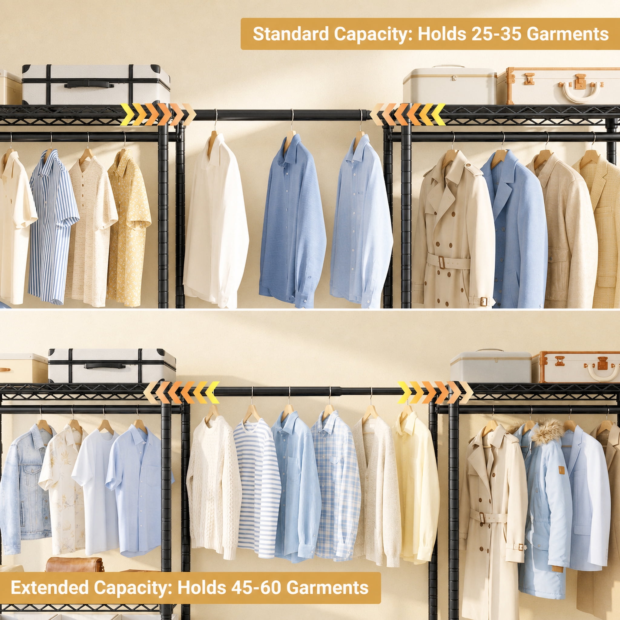 TrumanPick 71.5"-91.3" W Extendable Clothes Rack with Wire Shelves, Heavy Duty Clothes Storage System, Freestanding Clothing Rack for Hanging Clothes Load 1280lbs, Black