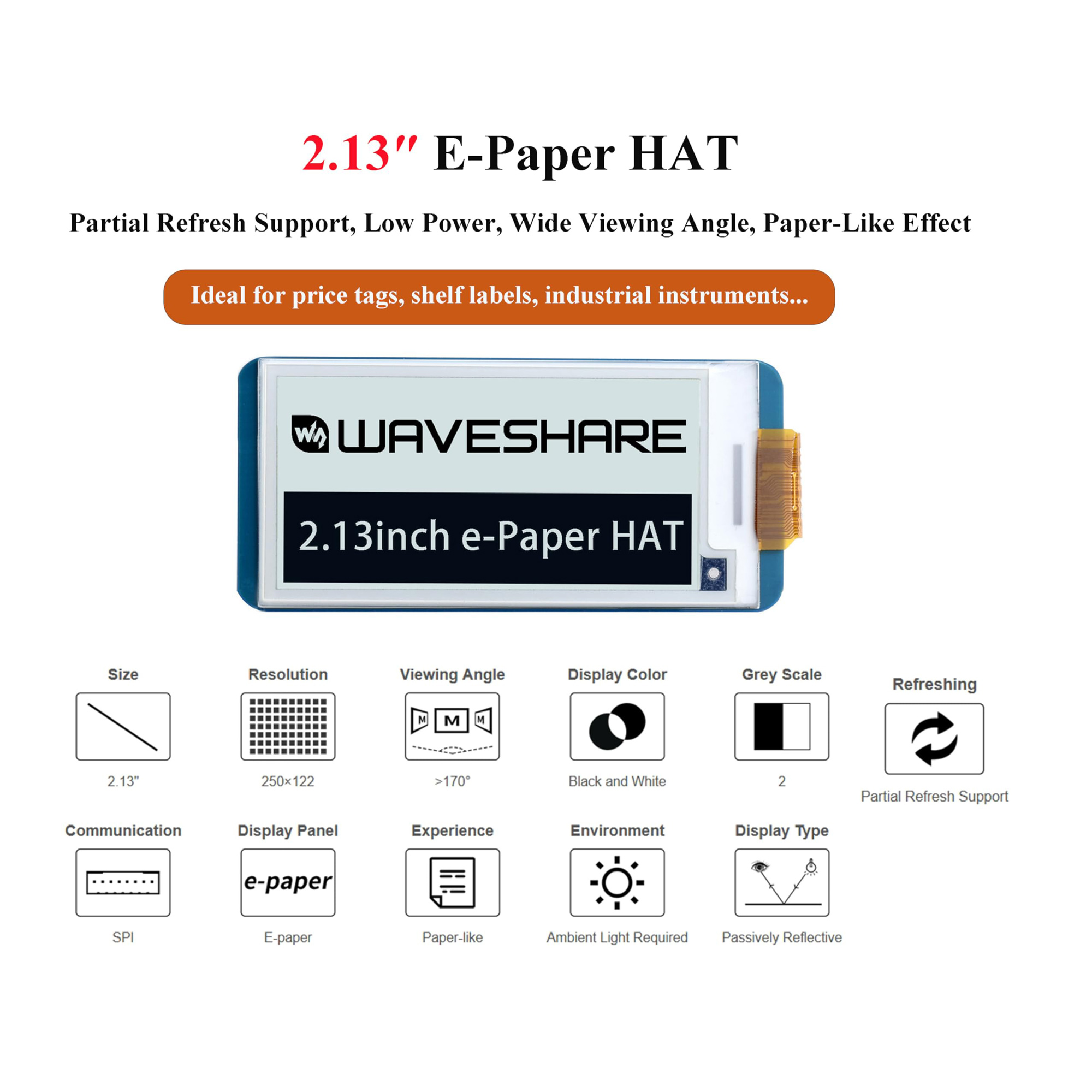 2.13-inch E-Paper Display HAT for Raspberry Pi – 250×122 Resolution, SPI Interface, E-Ink Screen