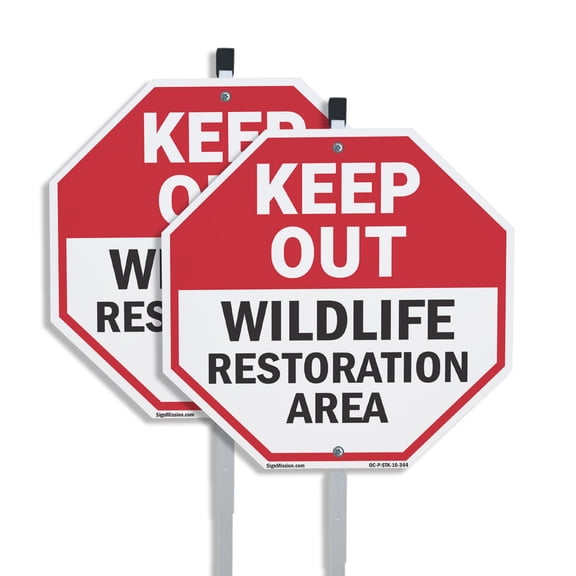 Keep Out Wildlife Restoration Area (2 Pack) 10 inch X 10 inch Octagon Plastic Signs with Aluminum Mounting Stakes Weather Resistant UV Protected for Workplace Private Property and