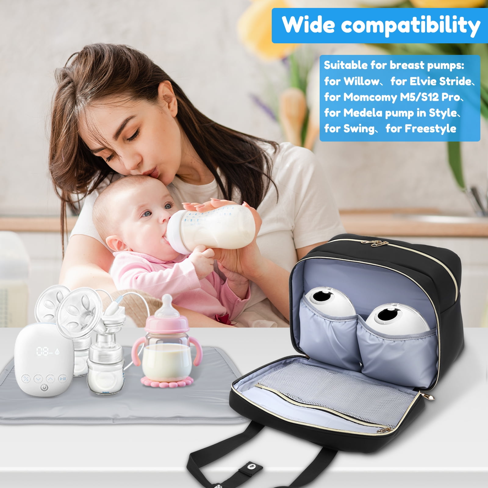 Wearable Breast Pump Bag with Cooler Compartment Portable Breastmilk Cooler Bag with Ice Pack and Waterproof Mat for Breast Pump and Accessories