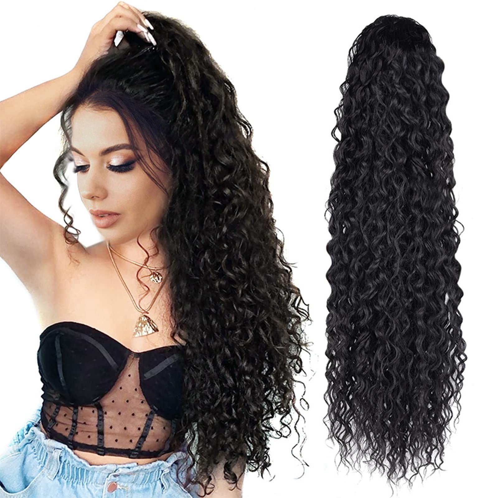 Leatfisat Curly Ponytail Hair Extension Black Curly Heat Resistant Synthetic Instant Clip Drawstring Ponytail Clip In Long Ponytail Hair Extensions Curly For Black Women
