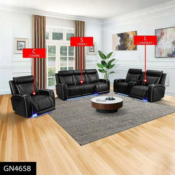 FUOROLA Max Power Recliner Living Room Set with LED Black