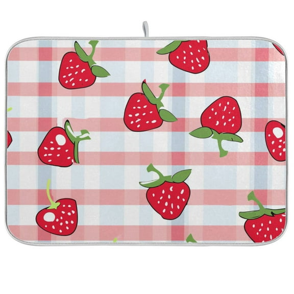 Strawberry on Checkered Dish Drying Mats Kitchen Mat Microfiber Counter Absorbent Dish Pad Drainer Rack 16"x18"