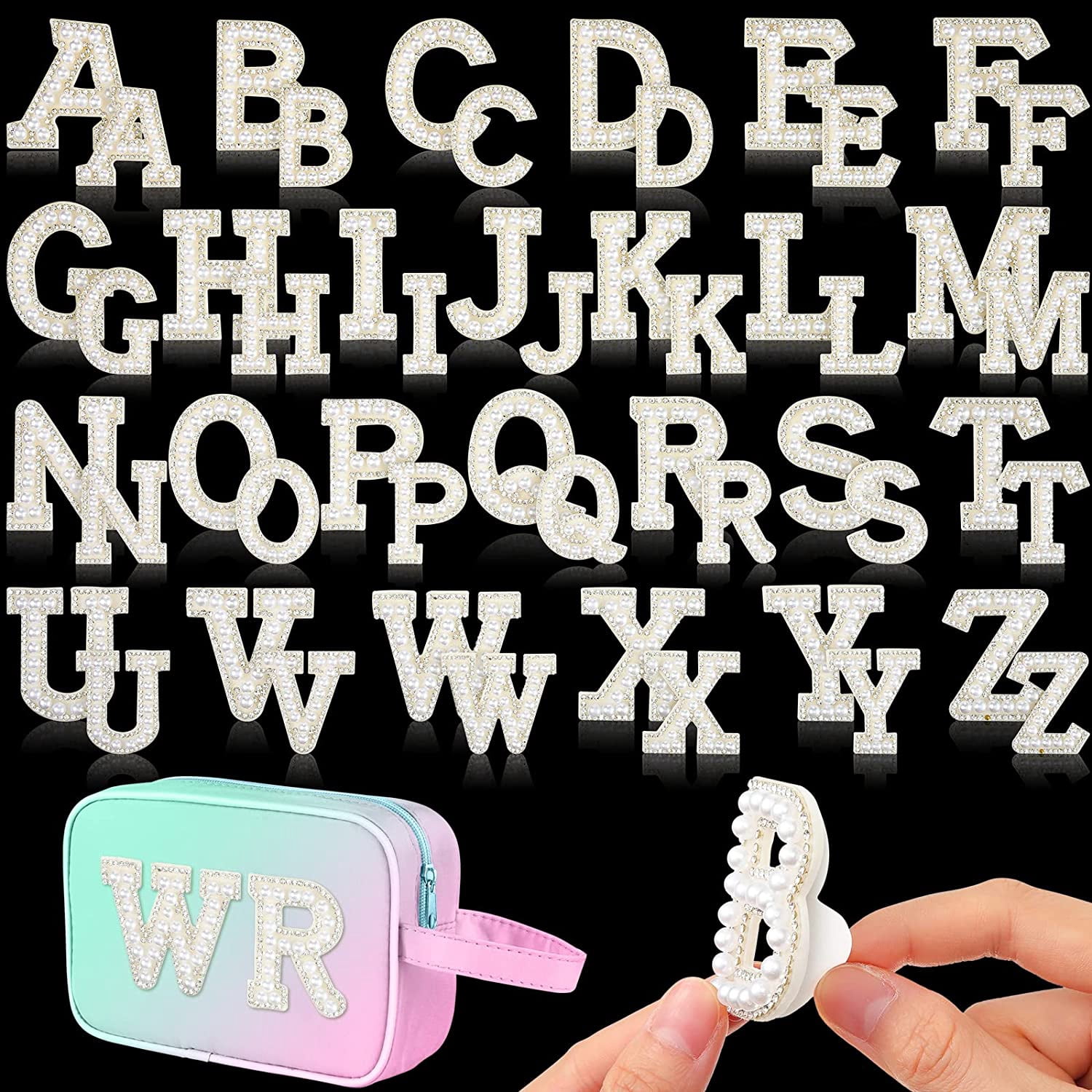 52 Pieces Self Adhesive Pearl Rhinestone Letter Patches A-Z Bling Rhinestone Letter Stickers Glitter Alphabet Appliques Sticker for DIY Clothes Bags Hats Phone Backpacks(White)