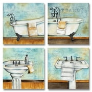Vintage Bathtub and Sink Bathroom Prints on a Postcard Background; Four 12x12in Posters