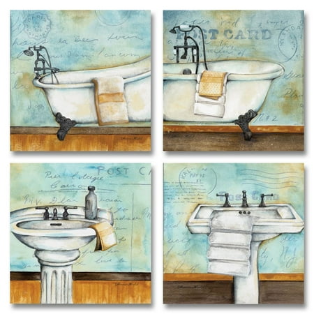 Classic Vintage Postcard Vintage Bathtub and Sink Bathroom Prints on a Postcard Background; Four 12x12in Posters ()