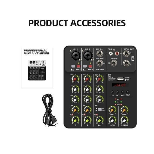 V4 DJ Mixer Console 4 Channel Mixer Protable 48V Phantom Power USB With Sound Card For PC Recording Singing